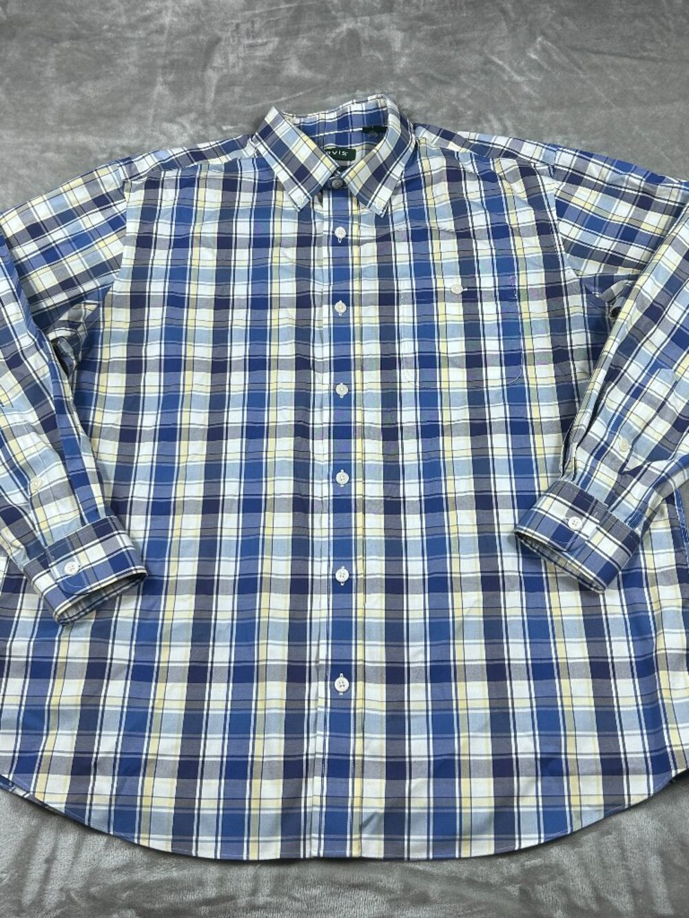Orvis Shirt Men's XL Blue Yellow Plaid Button Down Classic Fit Wrinkle Free